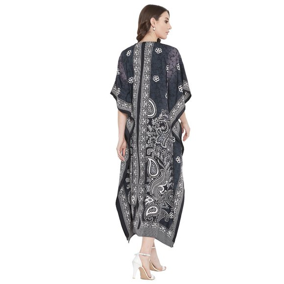 Women Plus Size Fit and Flare Paisley Printed Black Kaftan Dress by Gypsie Blu - Picture 7 of 9